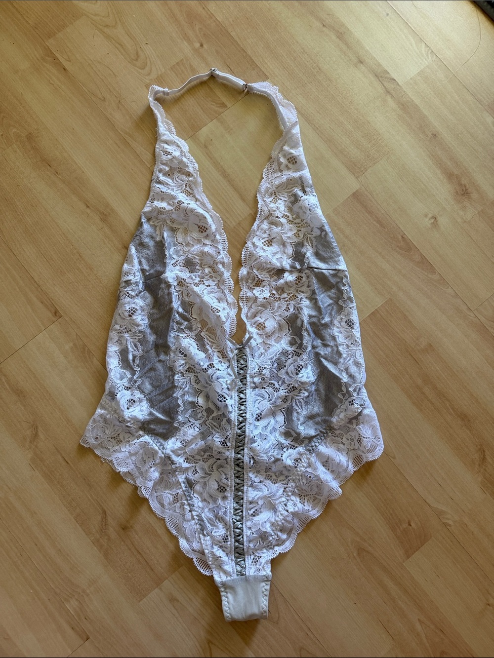 White Lace Plunge Halter Bodysuit